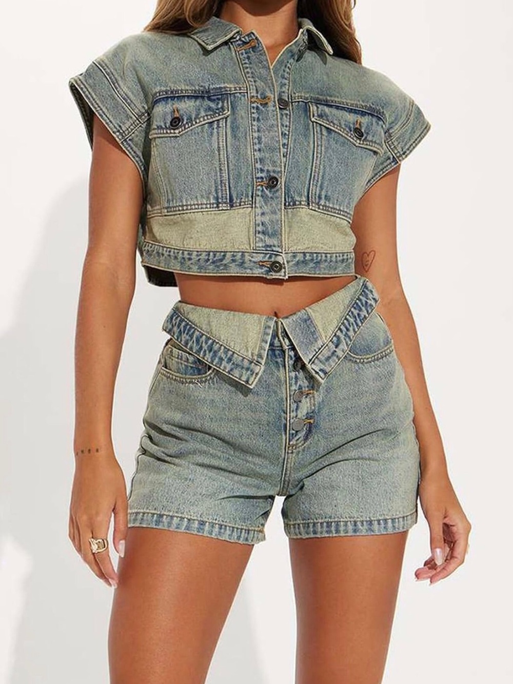 Women’s High-Waist Button-Front Denim Top & Shorts Streetwear Set Size-L NIB